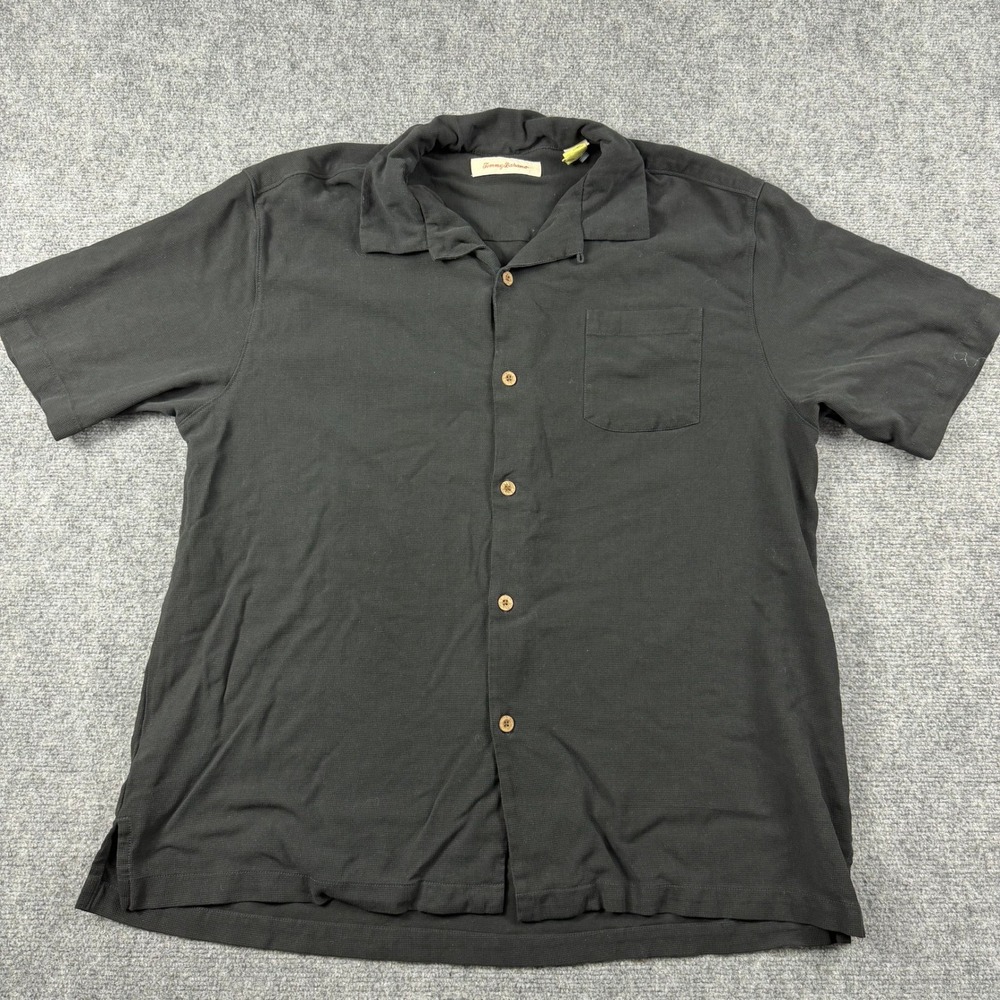 Tommy Bahama Button Up Shirt Mens XXL Black 100% Silk Waffle Knit Camp Aloha